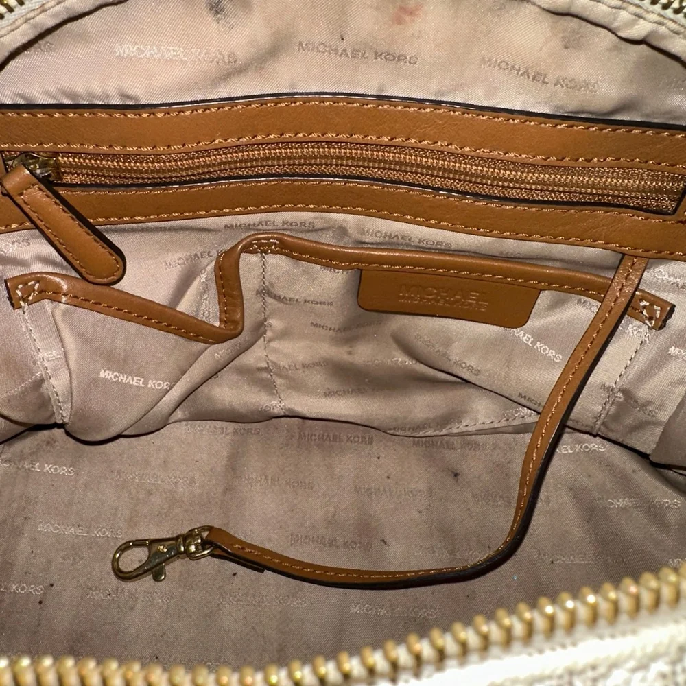 Michael Kors Monogram Kirby Satchel Bag Beige/Brown Vanilla/Acorn MK Logo Purse